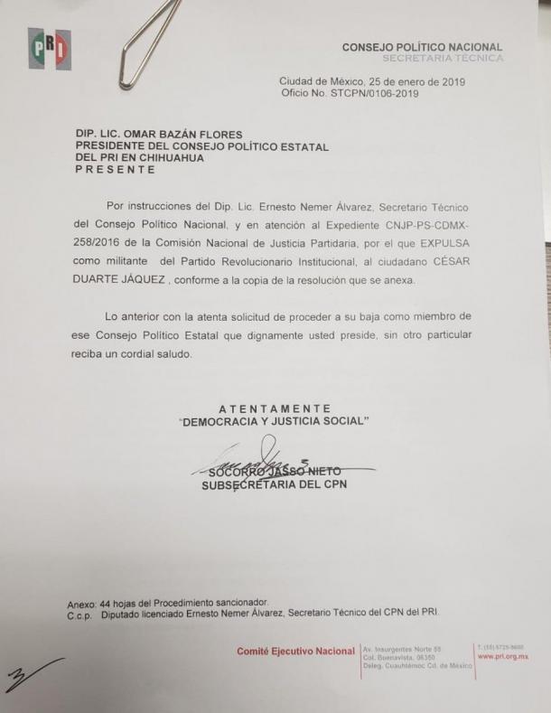Notificación de retiro de la militancia del PRI a César Duarte | Foto: Twitter 